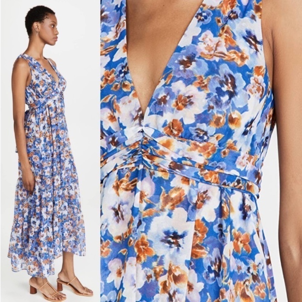 MISA Dominika Maxi Dress XS  Blue Pansy Floral Flowy Plunging Neckline Romantic